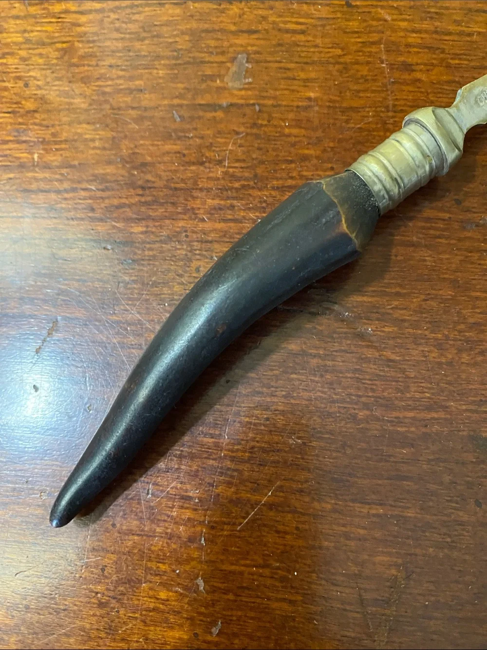 Vintage Brass Jam Spoon, Etched Botanical Design &Horn Handle